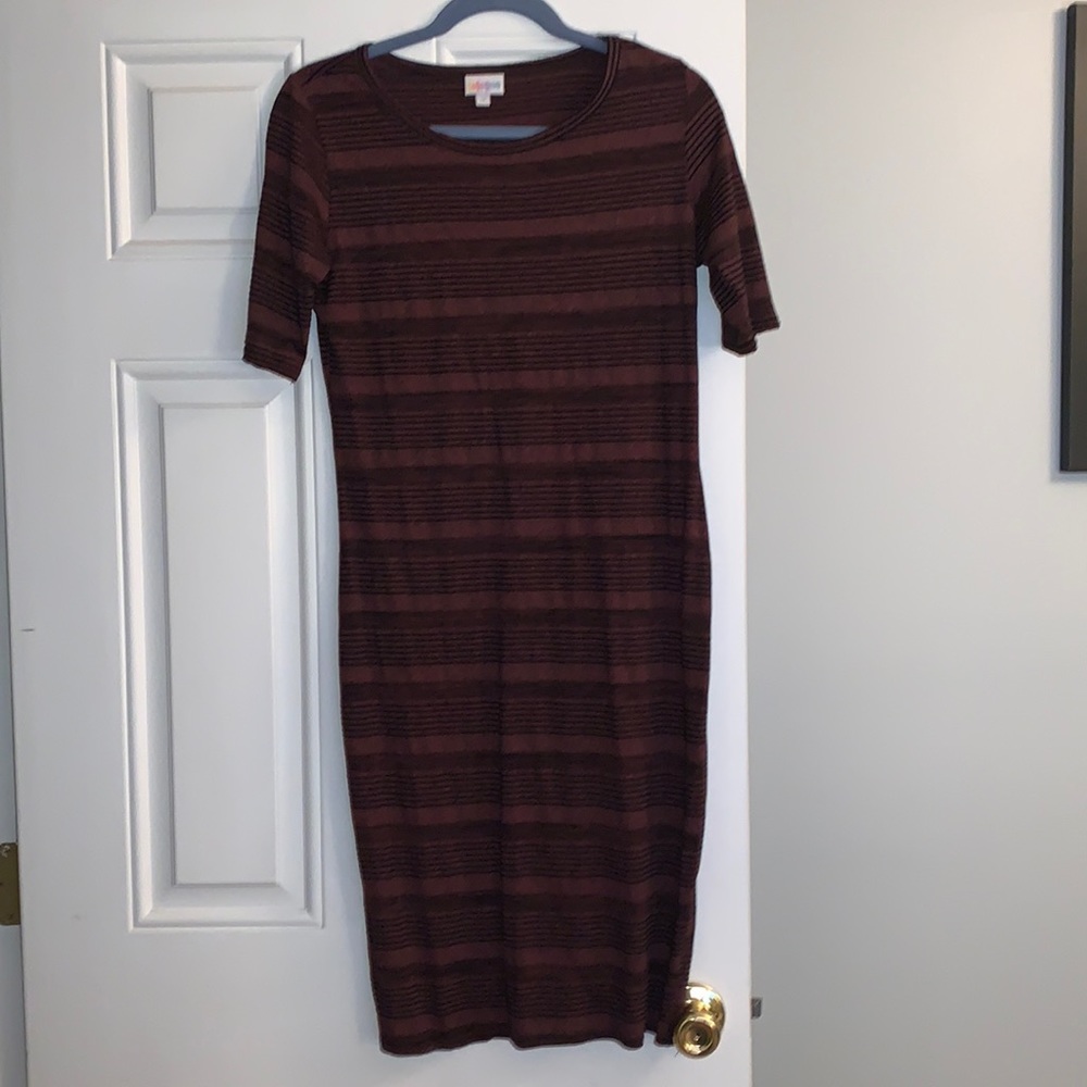 LuLaRoe Julia Dress Heather Maroon with Black Stripes Size Medium
